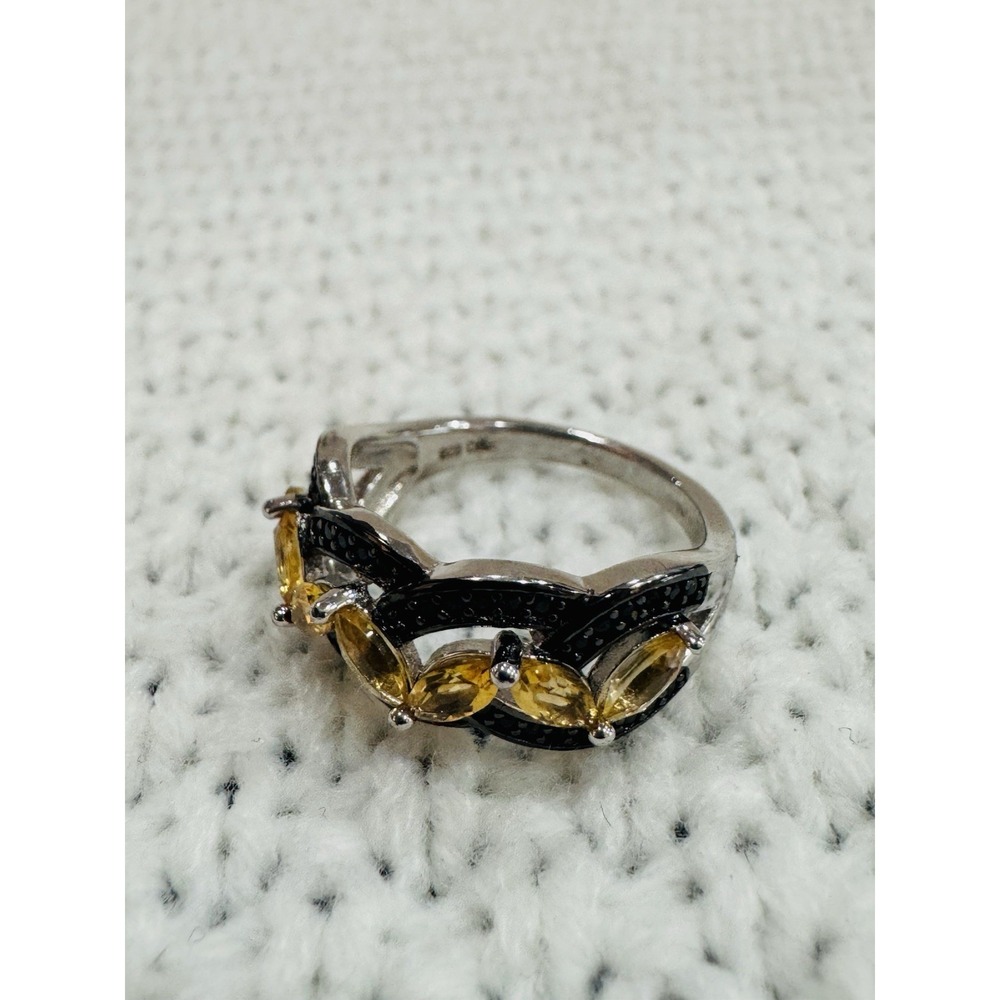 925 Sterling Silver Yellow & Black Stone Marquise Statement Ring Size 7 DK